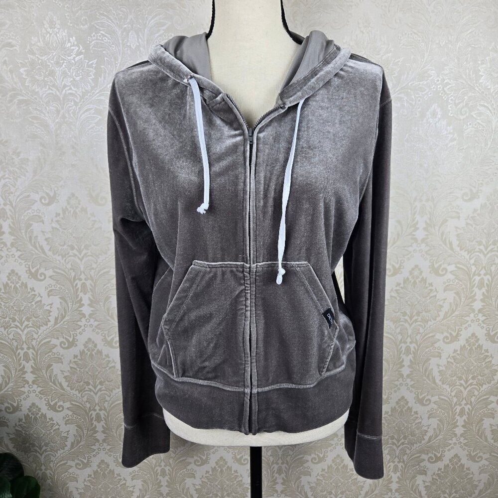 DKNY Sz Large Gray Velour Zip Front Casual Jacket Drawstring Hood Front Pockets